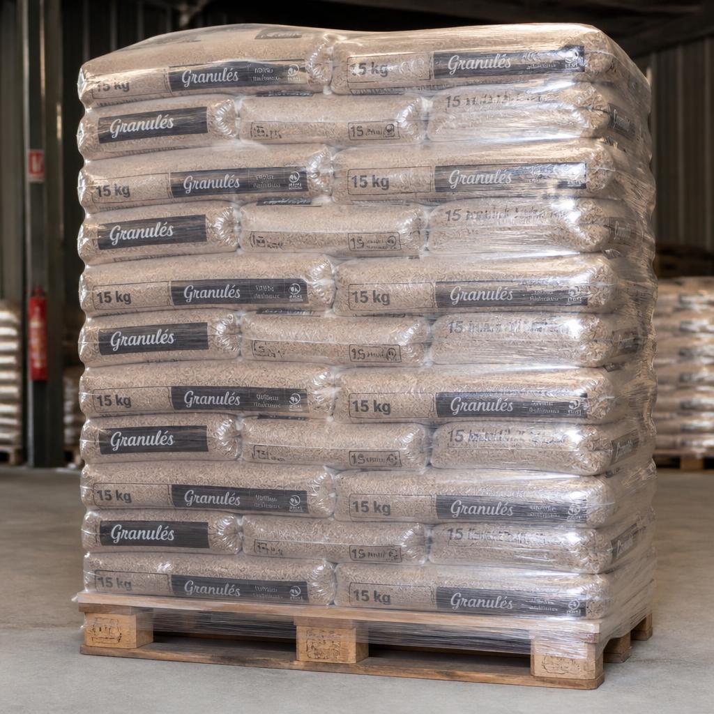 Palette 66 sacs de 15 kg, Environ 990 kg, certifié ENplus A1, taux de cendres inférieur à 0.5 pourcent